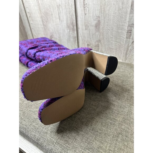 Betsey Johnson Womens 6.5 Purple Tweed Plaid Knee High Boots w/ Rhinestone Heels - Picture 6 of 12